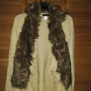 Venus SZ XS Faux Fur Collar Beige Off White Shawl Collar Sweater Waterfall Front